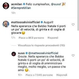 Salvini a Suso: &laquo;Gioca meglio&raquo;. La replica: &laquo;E tu amministra meglio&raquo;
