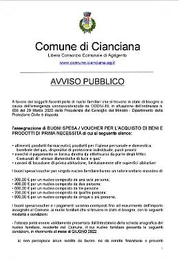 Cianciana, avviso pubblico per i buoni spesa e per le utenze domestiche