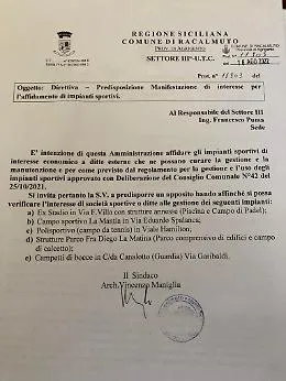 Racalmuto, l'amministrazione comunale intende affidare le strutture sportive ai privati