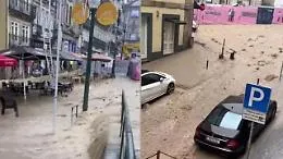 Inondazioni a Oporto in Portogallo, strade sommerse dal fango
