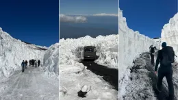 Etna, lo spettacolo unico dei muri di ghiaccio alti fino a 5 metri. &laquo;Un'annata eccezionale, avremo neve fino a giugno inoltrato&raquo;