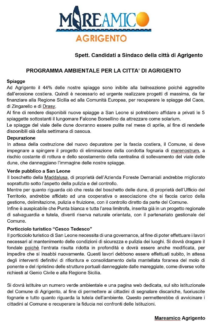 Elezioni Agrigento, il vademecum di Mareamico ai sei candidati sindaco