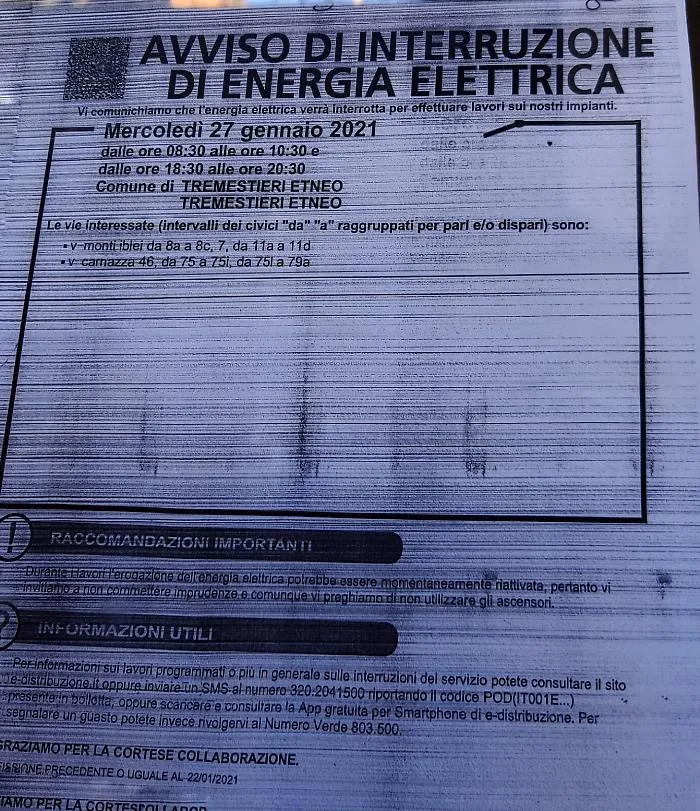 Tremestieri Etneo (Ct): distacco di energia elettrica in orario di lavoro