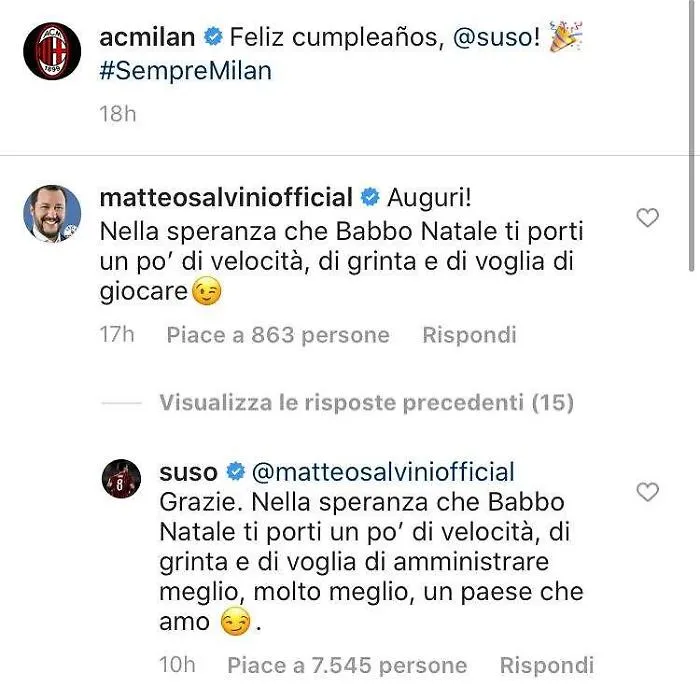 Salvini a Suso: &laquo;Gioca meglio&raquo;. La replica: &laquo;E tu amministra meglio&raquo;