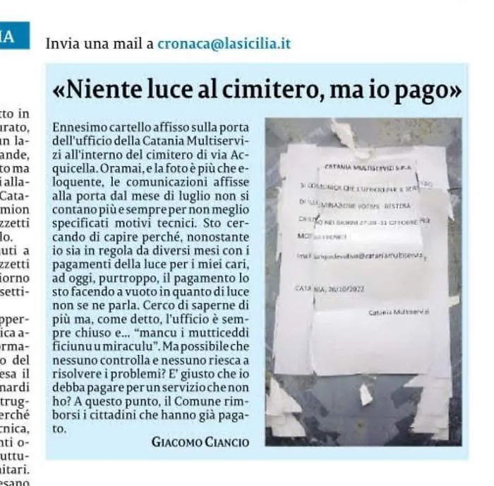 Articolo La Sicilia, luce al cimitero