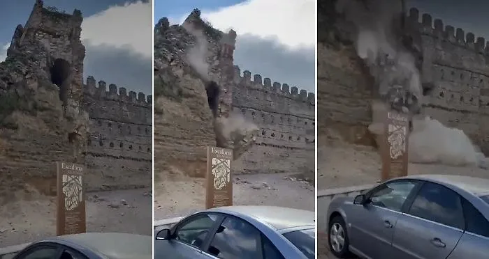 La torre del castello del '500 si sbriciola poco prima dell'apertura al pubblico: il video choc in Spagna