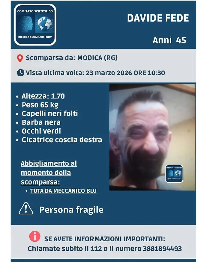 Modica, ritrovato l'uomo che era scomparso nei giorni scorsi: la sua salute non desta preoccupazione