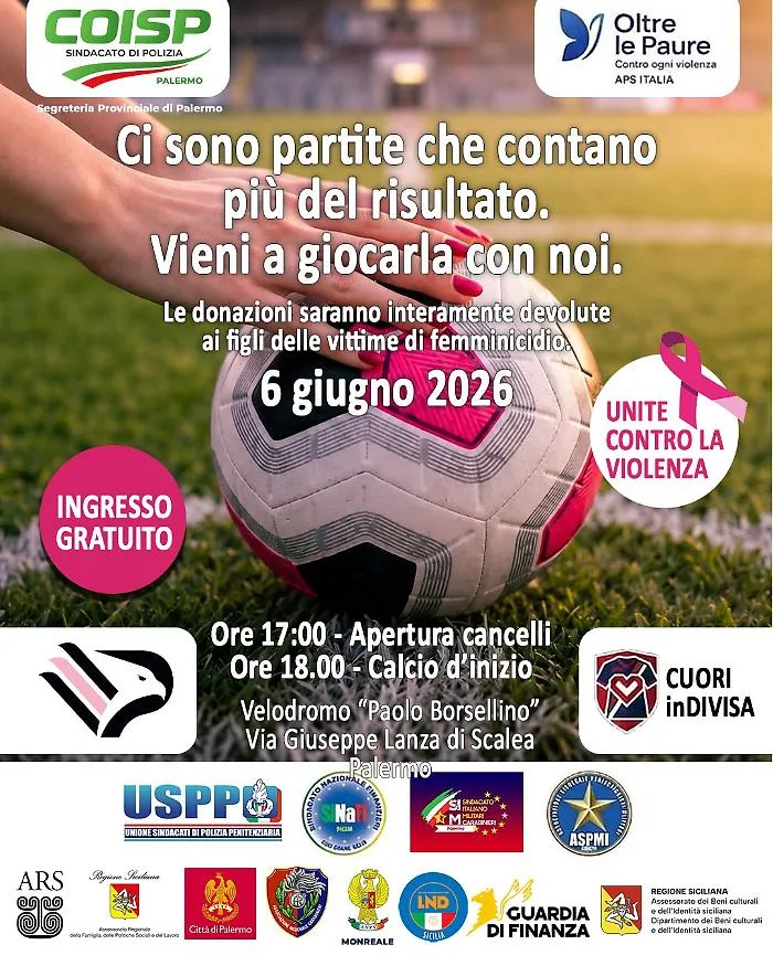 Cuori inDIVISA al Velodromo di Palermo: calcio, musica e comicit&agrave; contro la violenza sulle donne.