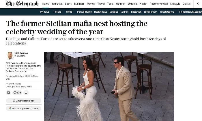 Sul Telegraph il matrimonio di Dua Lipa e Bagheria: &laquo;Le nozze dall'anno nell'ex covo siciliano della mafia&raquo;