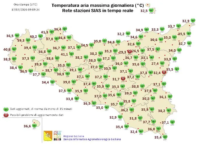 La Sicilia nella morsa dell'ondata di calore: a met&agrave; mattina a Partinico si superano i 41 gradi, il "fresco" solo in montagna